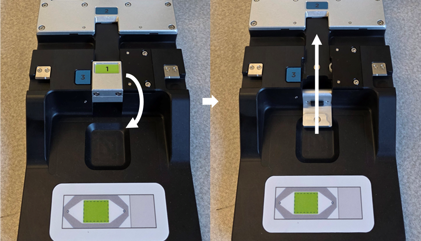 An image showing the flow cell assembly tool with raised arm and slide tailgate in the up position (left) and flow cell assembly tool with the slide tailgate in the down position (right)